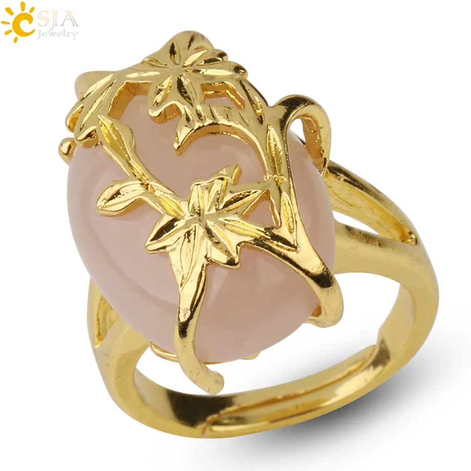 Rose Quartz Csja, золотистое кольцо из натурального камня, покрытое цветком, в форме яйца, кабошон, кольца для пальцев для женщин, модные ювелирные изделия, вечерние G245 - Цвет основного камня: Rose Quartz