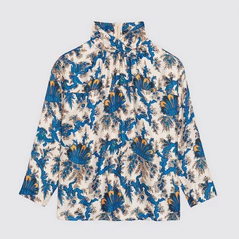 

2020 Spring Autumn Floral Print Shirt Women's Long Sleeve Stand Collar Wild Blouse