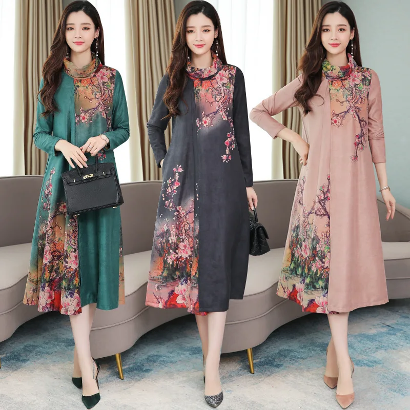 

2019 New Style Autumn Retro National Wind High Collar Large Size Loose Sundress Mock Two-Piece Medium-length Chiffon Dress Child