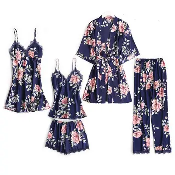 

Women's Robe Gown Set Floral 5 pieces pjs Satin Faux Slik Lace Women Sleep Night Dress Bathrobe Homewear Sleepwear Autumn 2019