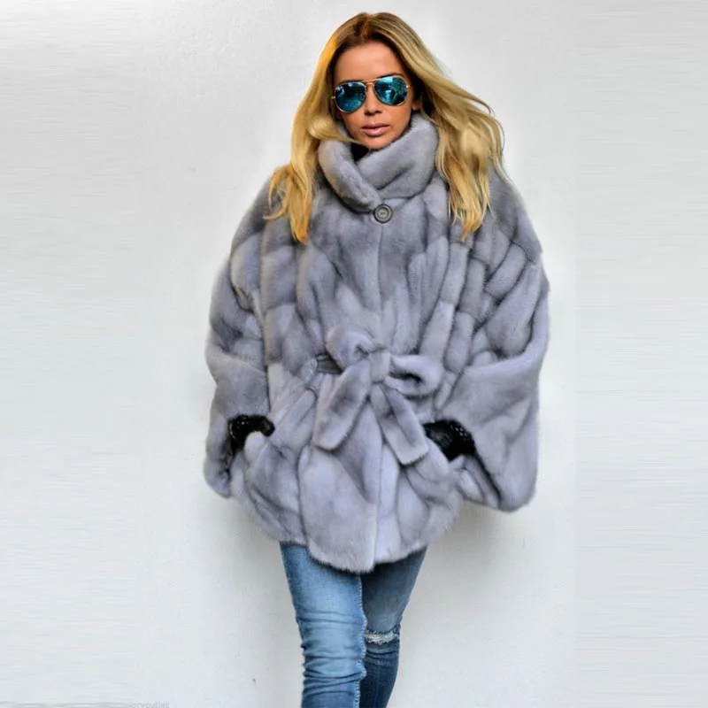 New Loose Bat Sleeved Natural Real Mink Fur Coat Many types Collars Real Fur Coat Women Winter Warm Thick Real Fur jacket