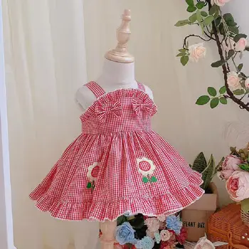 

2PCS Baby Girl Clothes Summer New Embroidey print Vintage vest Ball Gown with Pants Casual Sling Dress for Girls Y3035