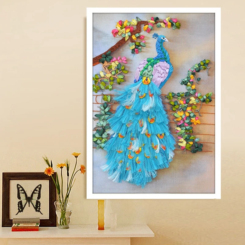 

Ribbon Embroidery DIY Red girl Blue peacock flower Painting Full Needlework Cross stitch kits14CT Cross-stitch Embroidery Sets