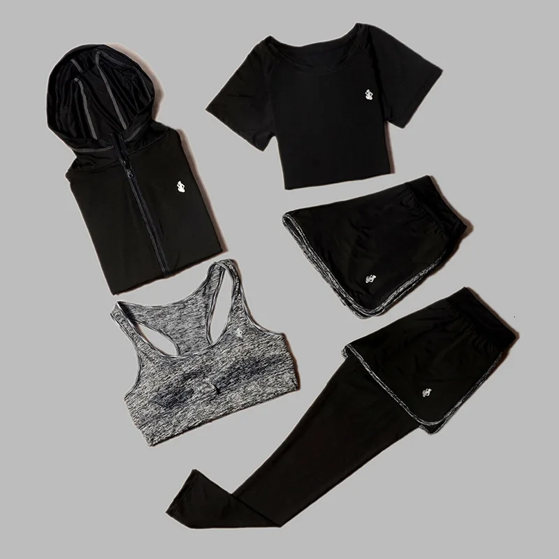 5 sets of black 2 Комплект из 5 предметов для йоги, для женщин, для бега, фитнеса, футболка, спортивный бюстгальтер, одежда для фитнеса, женский тренировочный комплект, спортивный костюм - Цвет: 5 sets of black 2