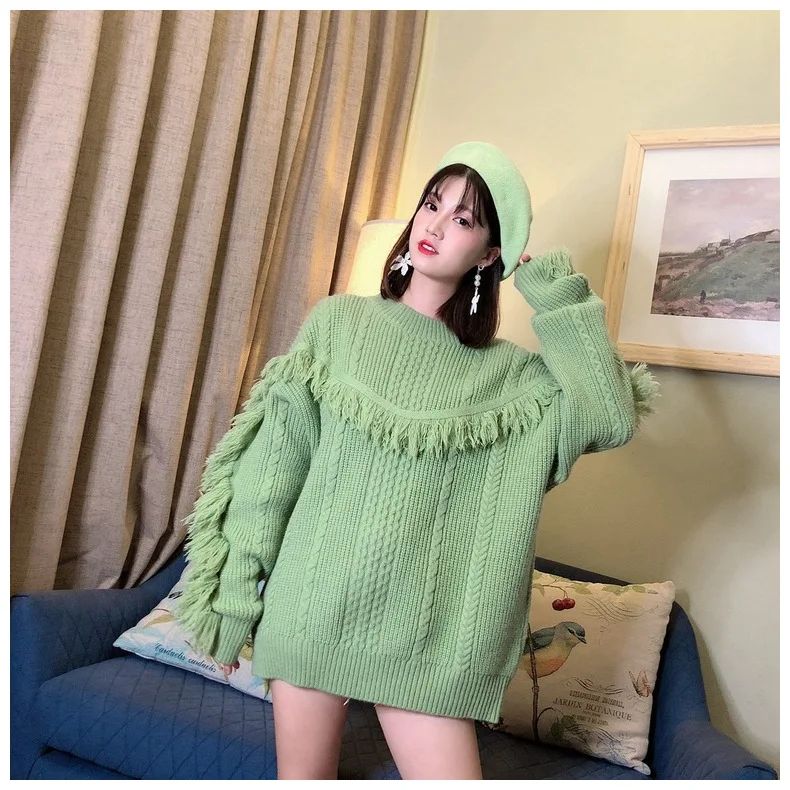 Neploe Pull Femme с кисточками, длинный рукав, негабаритный свитер, корейский вязаный пуловер с круглым вырезом, Осень-зима, женская одежда 54272