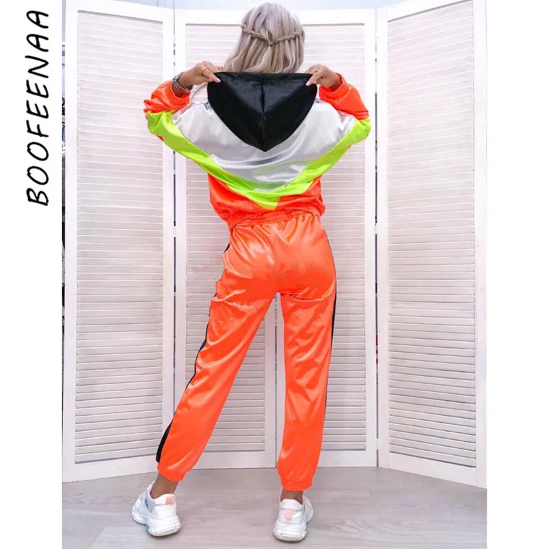 BOOFEENAA атласные спортивные костюмы женский костюм из двух предметов Топ и штаны осенне-зимняя одежда Комплекты для бега C0-AF42