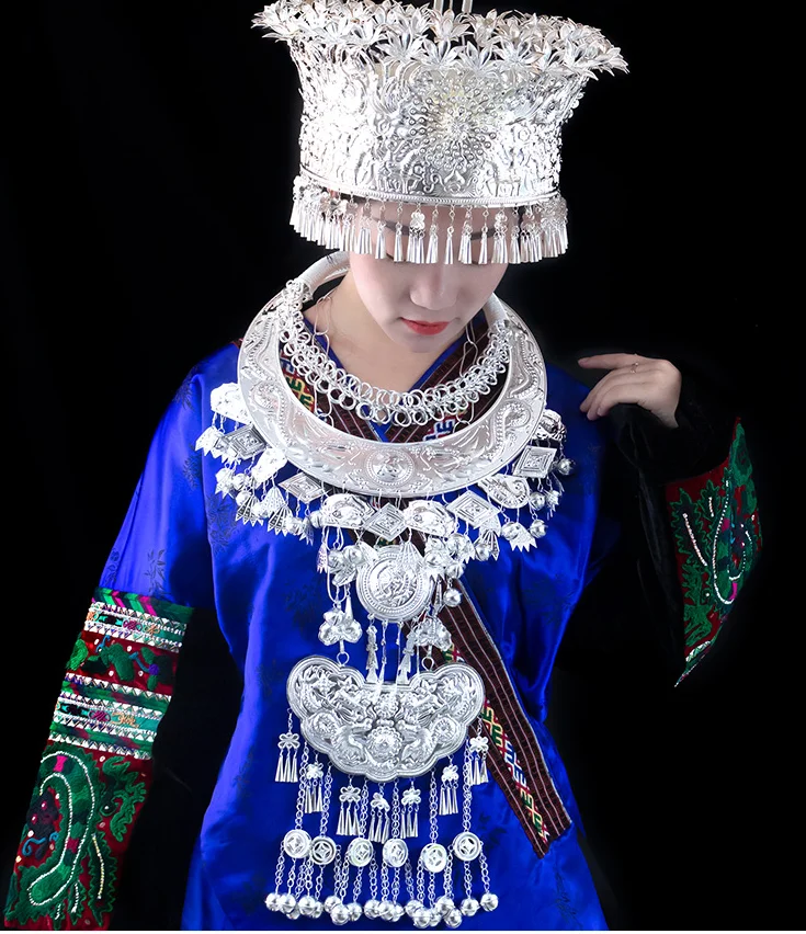 

Miao Серебряная шляпа воротник ювелирные изделия этнический Китайский народный танцевальный костюм Guizhou Серебряный головной убор Miao