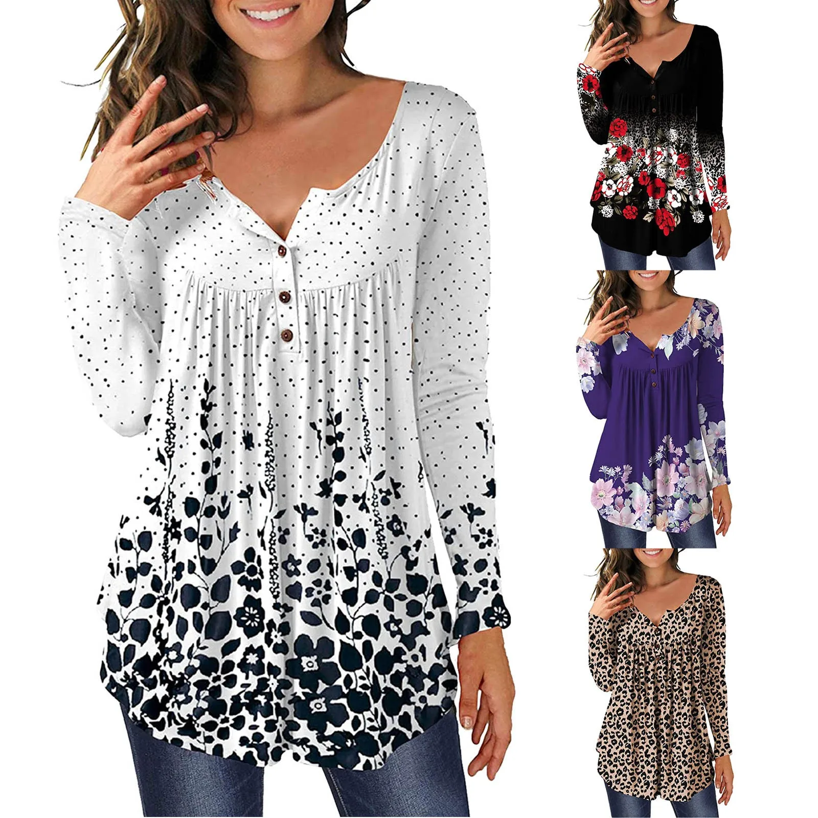 Mejor vendedor  Blusa informal de talla grande para primavera y verano, camisa con estampado Floral y botones para Mujer, cuello redondo, 3xl wxQKMmXQpno