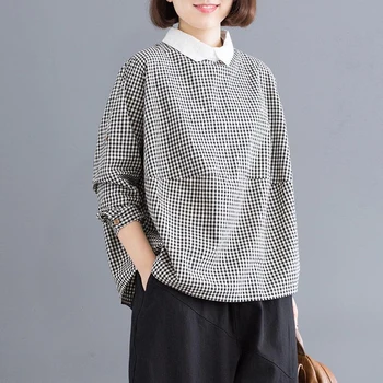 

New Arrival Spring Korea Fashion Women Cotton Linen Loose Blouse Plus Size All-matched Casual Peter Pan Collar Plaid Shirts S616