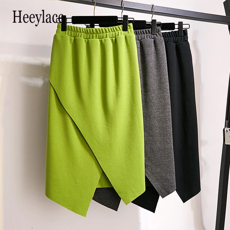 

Office Lady Casual Solid Color Midi Knited Skirt Women Autumn Winter Elegant Elastic Hight Waist Irregular Slim Plus Size Skirt