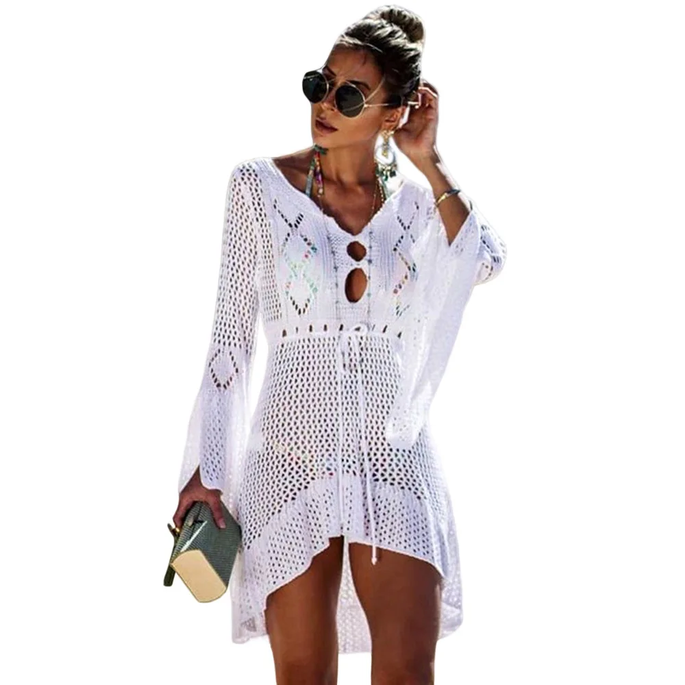 

Seaside Holiday Blouse Women's Outdoor Hot Springs Loose-Fit Hollow out Knit Bell Sleeve Crochet Weaving Beach Skirt 420166