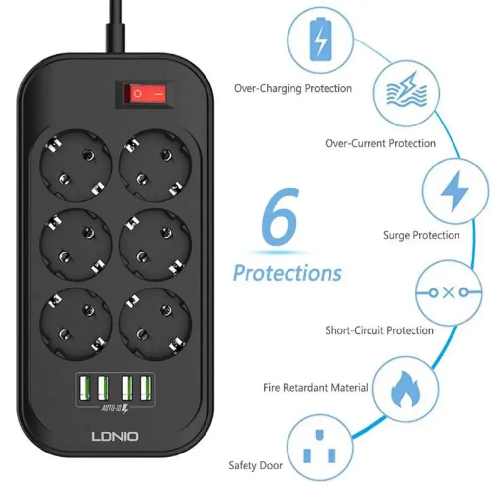 Tomada de Casa Protetor contra Surtos Tomada com 3.4a Soquetes Elétricos Inteligentes Plug Power Strip Extensão Múltipla 4 Porta Usb 6 ue - Image 4