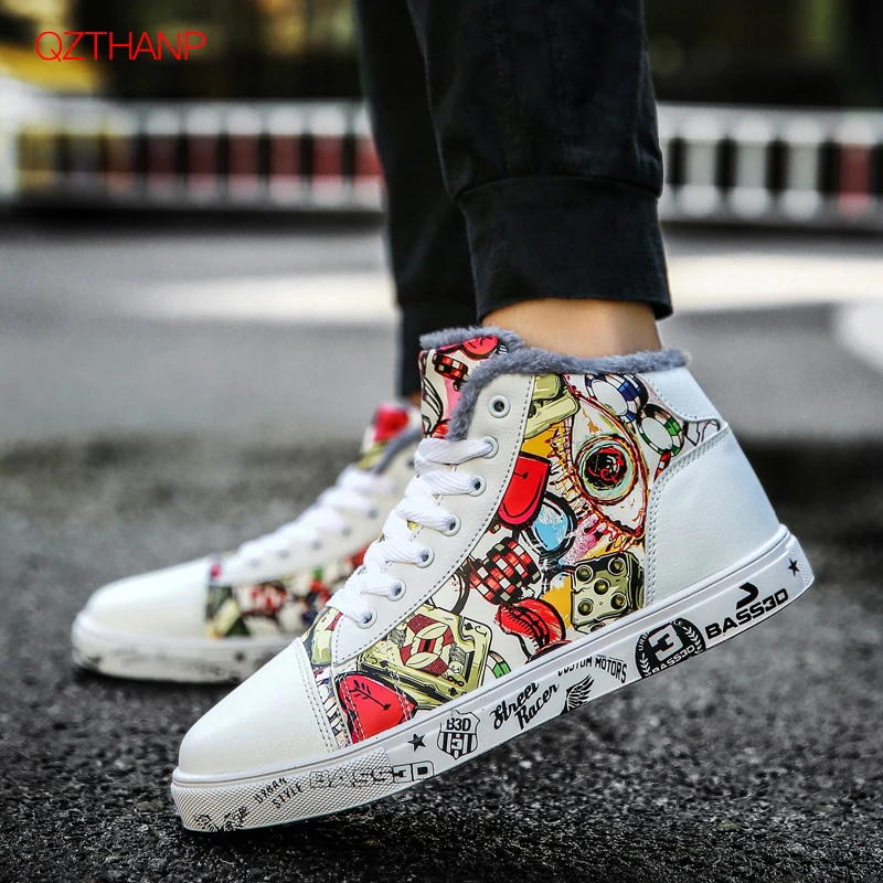 Мужские зимние кроссовки из искусственной кожи теплые плюшевые унисекс удобная