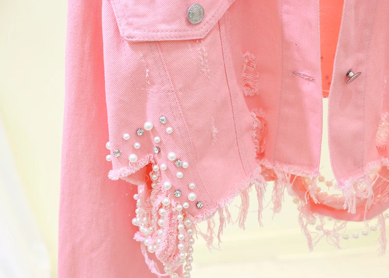 Осенняя рваная женская джинсовая куртка с жемчугом, новые отверстия, женское розовое джинсовое пальто в стиле Харадзюку, повседневная