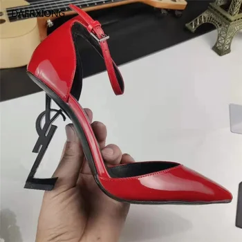 

2020 Y Style Classics Brand High Heel Sandal Genuine Leather 10cm Letter Heel Women Wedding Shoes Black Patent Leather 35-43