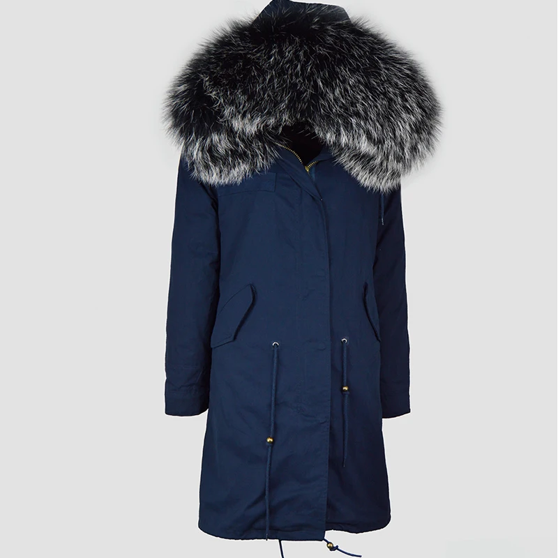 Chinese Wholesales Fur Coat Men Navy Shell Fur Long Jacket With Stripe Soft Faux Fur Liner
