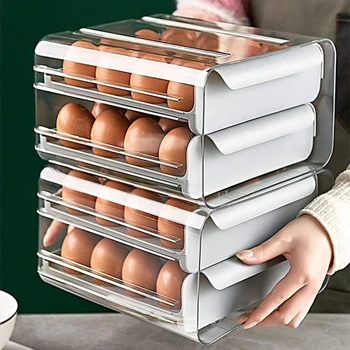 Double-Layer Egg Box Drawer Type Storage Container Plastic Refrigerator Anti-Drop EggBox Rack Support Stackable  Kitchen