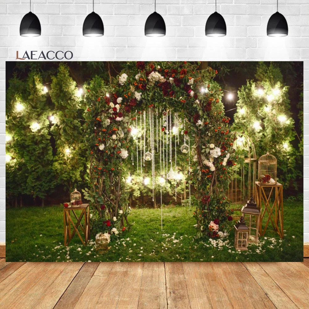 

Laeacco Outdoor Wedding Arch Flowers Photo Backdrop Twinkle Lights Floral Bouquets Lover Couples Portrait Photography Background