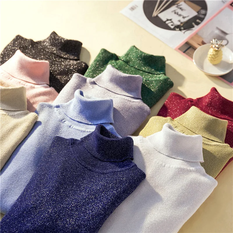 

Vintage Turtleneck Slim Autumn Winter Knit Pullover Sweater Bodycon Casual Top Bright Silk Women Warm Long Sleeve Soft Jumper