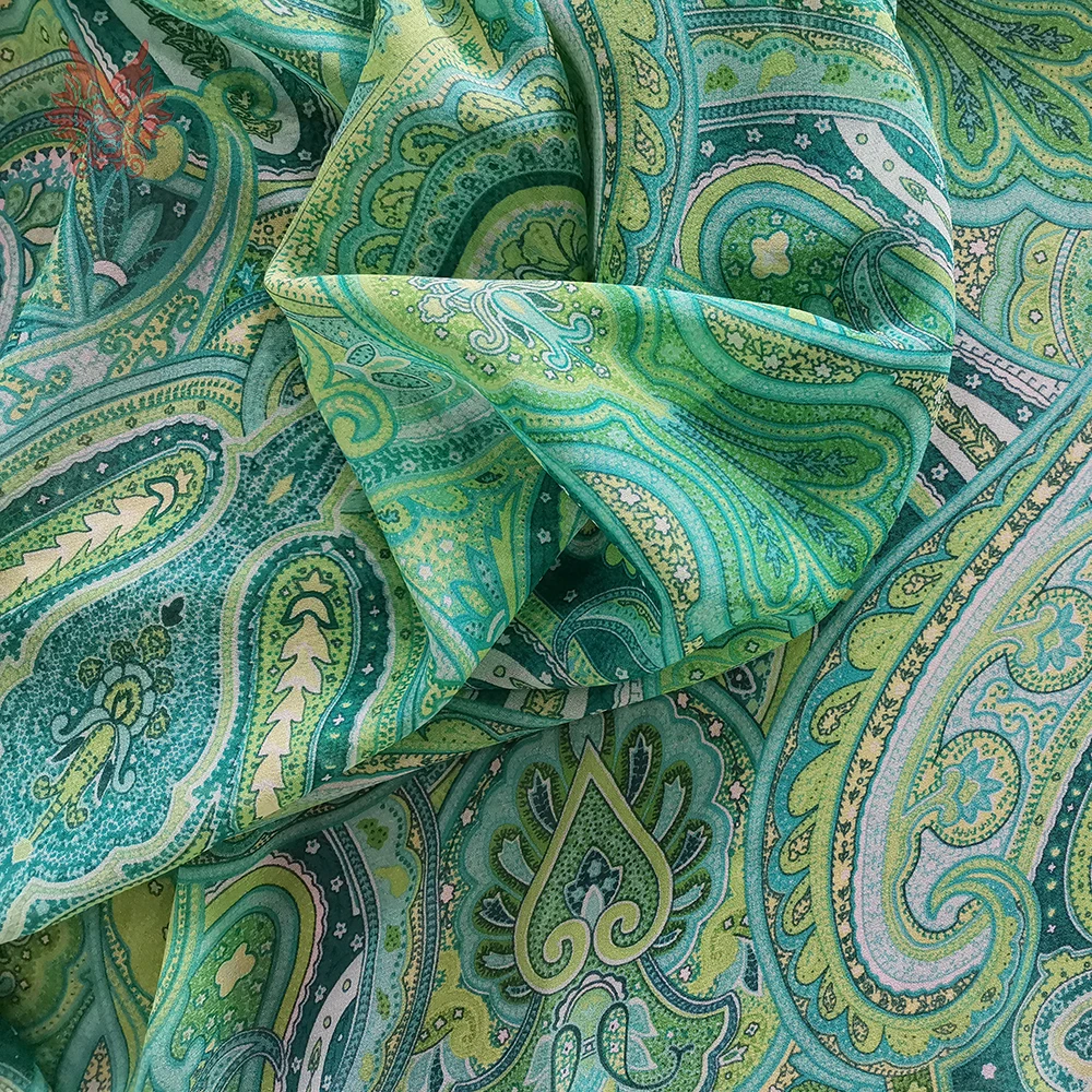 Этнические зеленые с Пейсли принтом натуральный шелк жоржет ткань одежда для платье из натурального шелка tissu telas ткань 12 мм SP5372