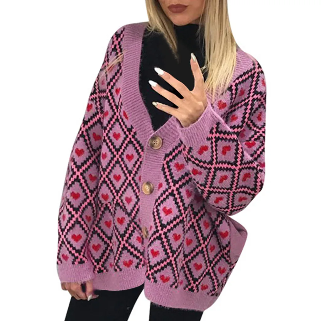Purple MUQGEW Women Fashion Floral Print Female Cardigan Autumn Winter Warm Love Print Knitted Temperament Buckle Sweater Jacket - Цвет: Purple