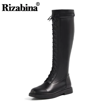 

RIZABINA New Woman Long Boots Genuine Leather Flat Heel Zipper Woman Knee High Boots Fashion Warm Woman Shoes Size 34-39