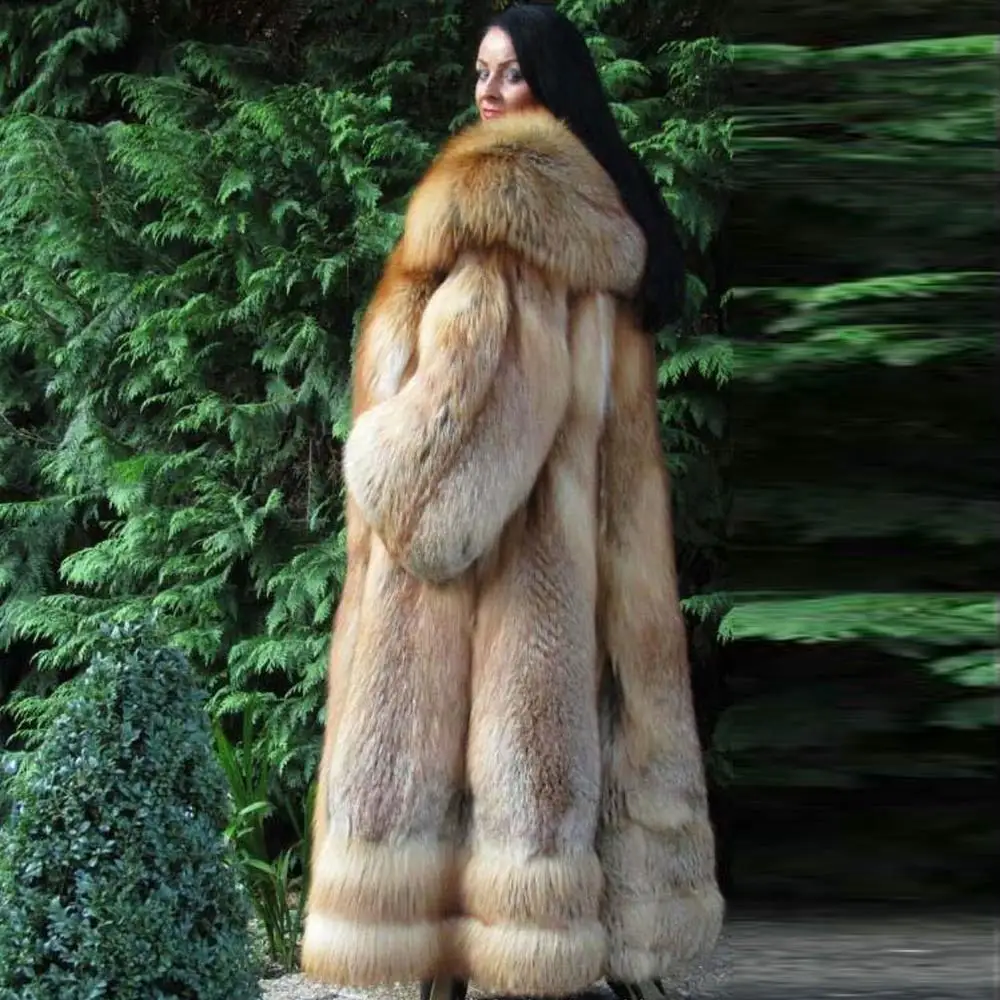 Новое Женское пальто из натурального меха лисы с большим воротником с капюшоном длиной 120 см, Женская куртка из натурального Лисьего меха, зимнее пальто с натуральным лисьим мехом