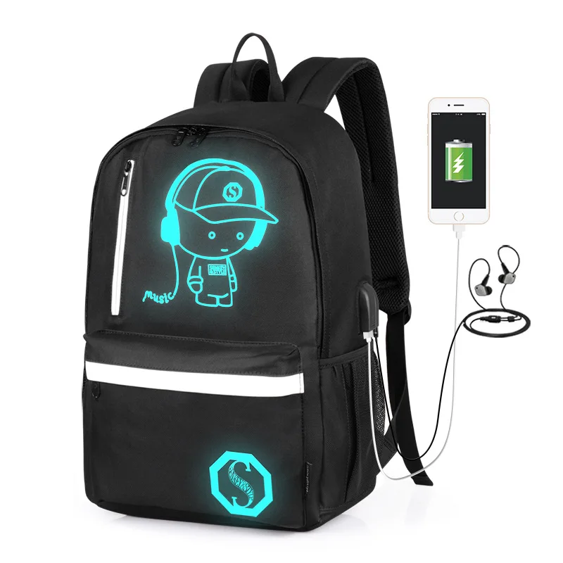 

Cross Border New Style Oxford Cloth Backpack Men's Korean-style Students Night Light School Bag Headphone Jack Customizable USB