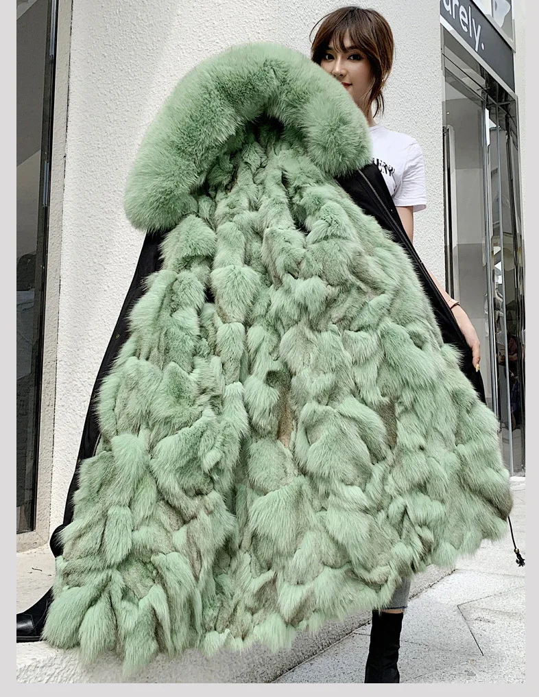 Length 90cm Зимняя куртка, женское натуральное пальто из настоящего меха лисы, капюшон, кромка XXL, меховая подкладка, длинная парка, верхняя одежда, съемная - Цвет: Length 90cm