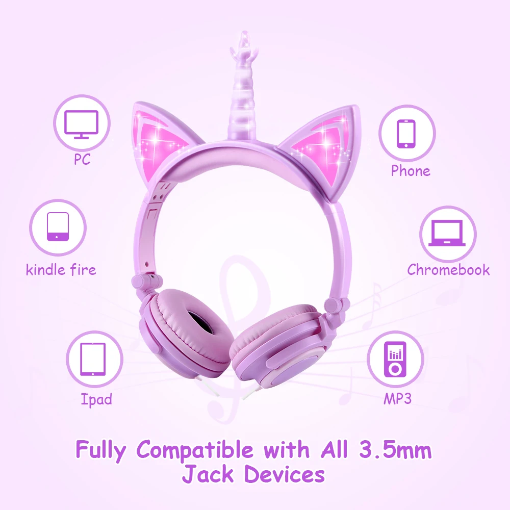 Kids Headphones LED light Unicorn Headset Foldable Stereo Bass Music Headphone For PC Phones Kids Gift
