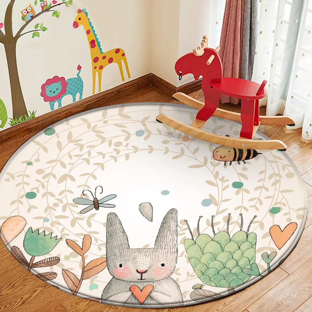 Baby Play Mat Round Children Carpet Simplicity Animal Bunny Bee Pattern Children Flannel Carpet Baby Hand Print Carpet