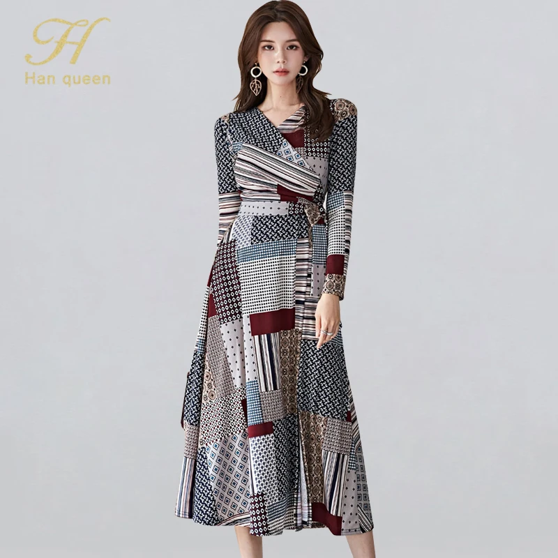 H Han Queen Winter V-neck Print Lacttice A-line Dress Women Fashion Swing Long Dresses OL Fit And Flare Bottoming Vestidos