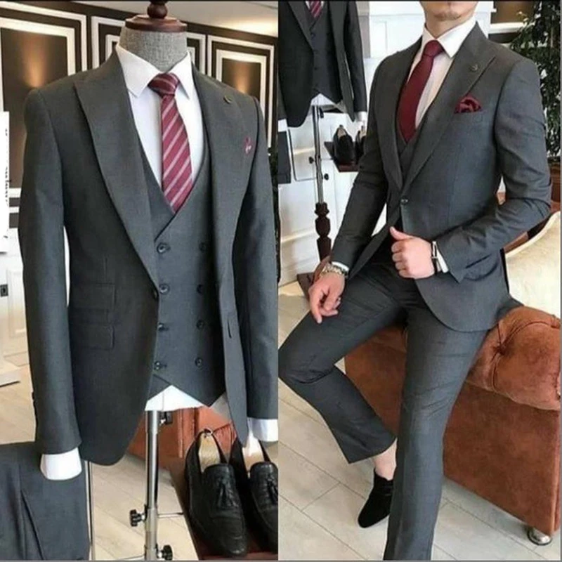 Bräutigam Tragen 3 Stück Grau Männer Anzüge 2021 Slim Fit Revers One Button Tailor Made Terno Masculino (Jacke + hosen + Weste + Krawatte)