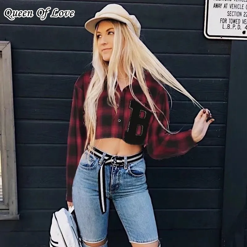 Red Plaid Shirt Women Crop Top Long 