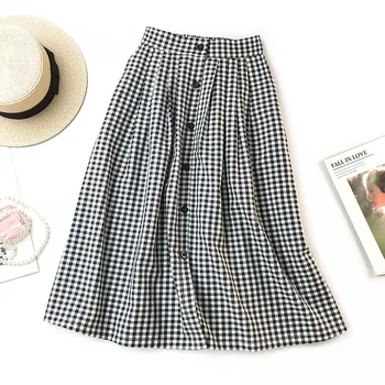 

2020 Women Classic Vintage Midi Skirts New Spring Summer Fashion Plaid Skirt Female A Line Single Breasted Skirt Faldas Mujer