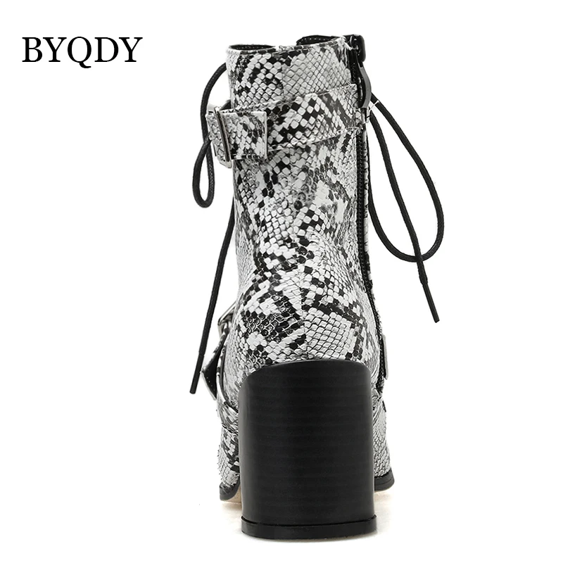 BYQDY Snake Print Women High Heel Ankle Boots Pointed Toe Shoes Lace-Up Cover Heels Square Heels Lady Boots Plus Size 42 Zipper
