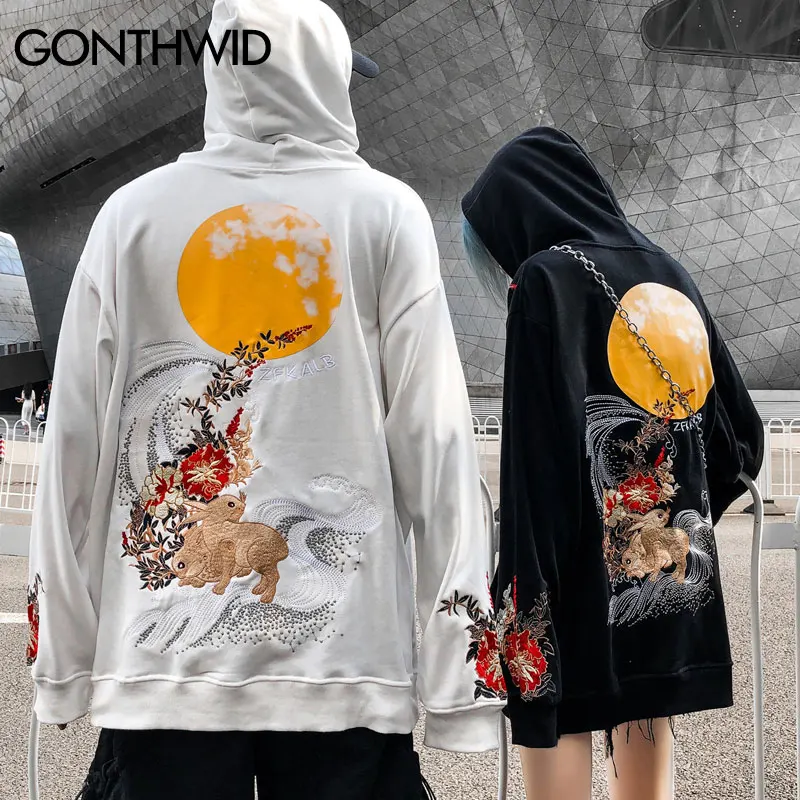 GONTHWID вышивка животных цветы кролики толстовки с капюшоном рисунком Harajuku Модный пуловер худи хип хоп Повседневная Уличная одежда