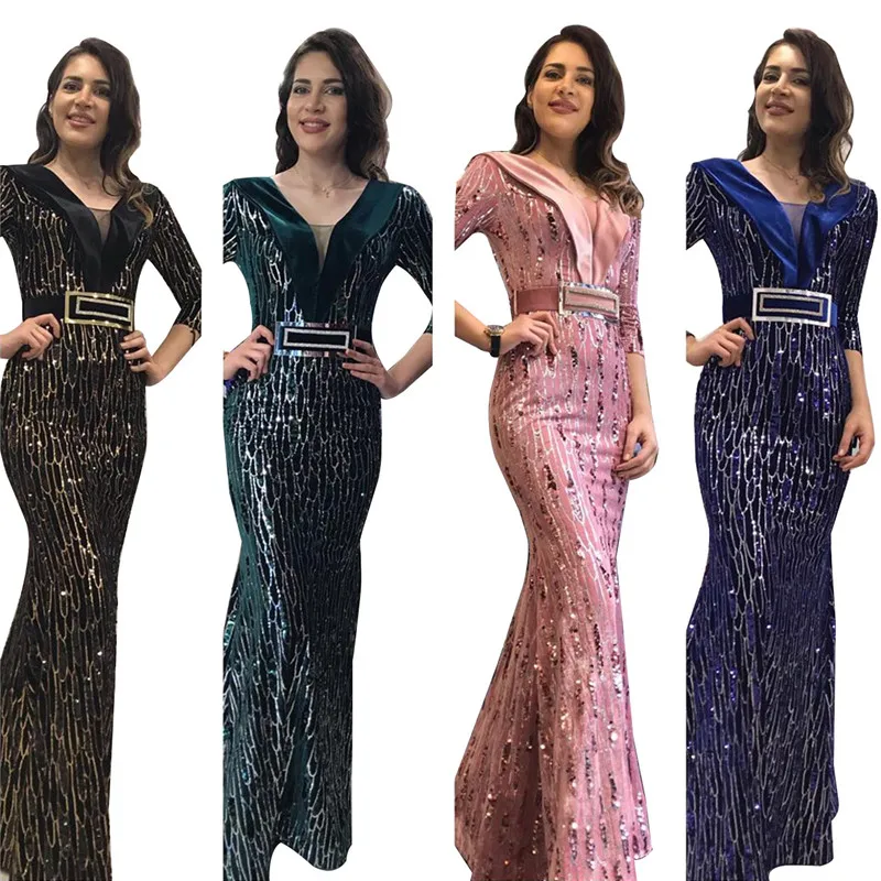 

2020 New Sequins Velvet Maxi Evening Party Dress Elegant Folded V Neck 3/4 Sleeve Long Dresses Christmas Vestidos
