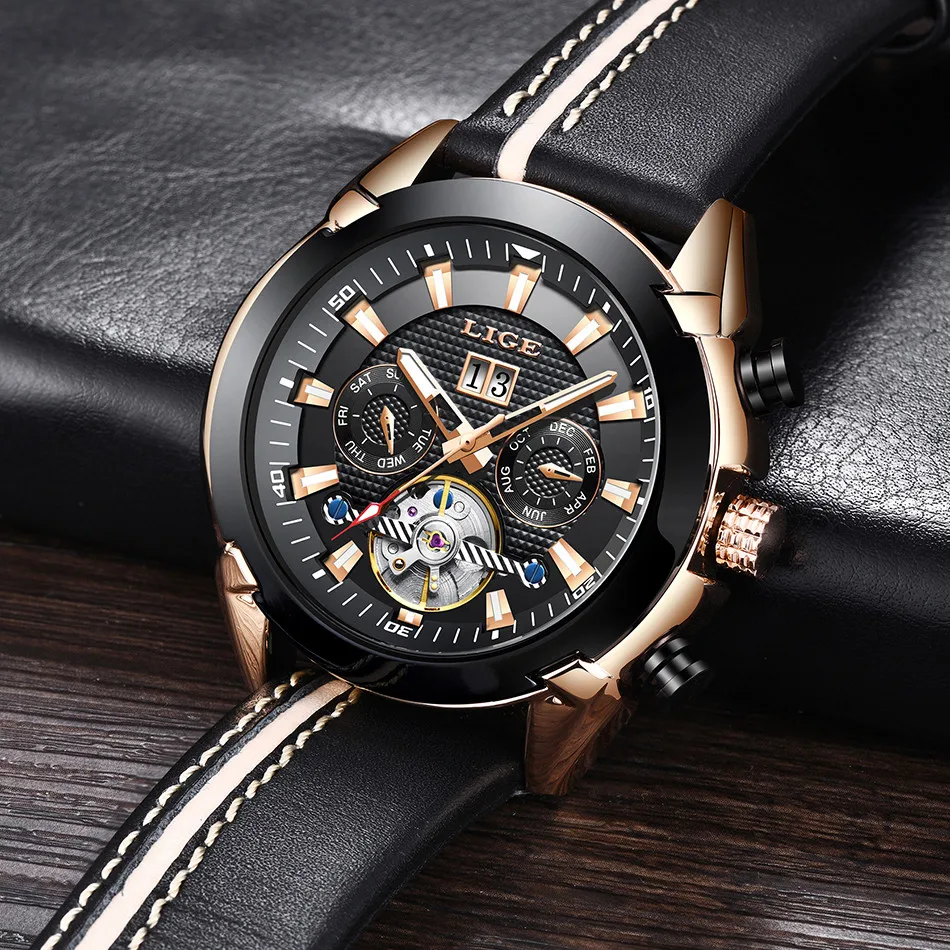 LIGE кожаный ремешок Tourbillon светящийся Циферблат Водонепроницаемые мужские часы лучший бренд класса люкс механические Автоматические часы Reloj Hombre