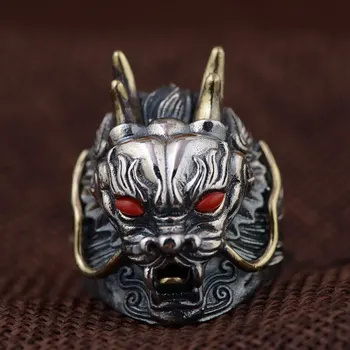 

FNJ 925 Silver Punk Dragon Ring Original Pure S925 Sterling Silver Rings for Men Jewelry Open Adjustable Size Red Agate