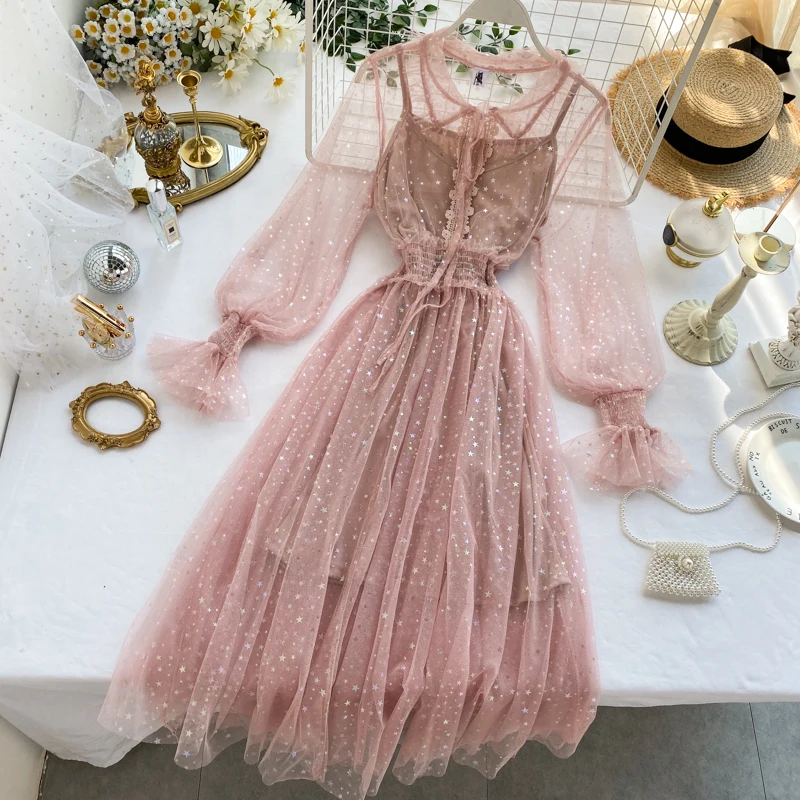 YuooMuoo, хорошее качество, Звездные блестящие розовые кружевные вечерние платья, весна-осень, модное длинное женское платье, элегантное женское платье с пышными рукавами