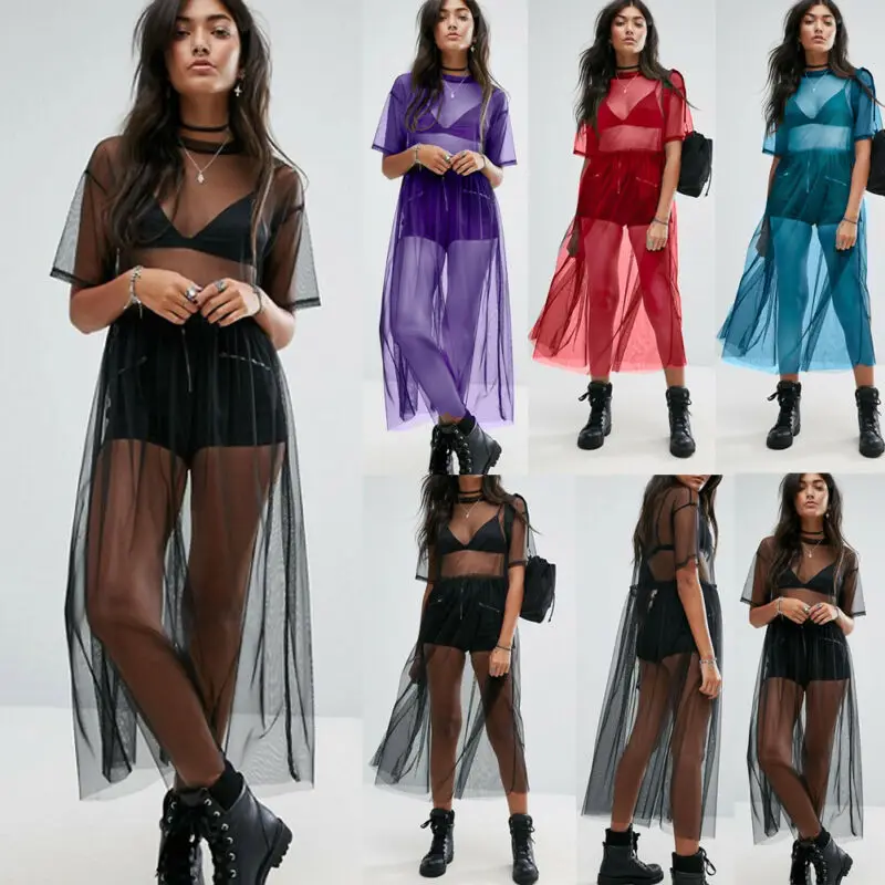 Женское прозрачное Сетчатое платье макси длинное однотонное платье-накидка из