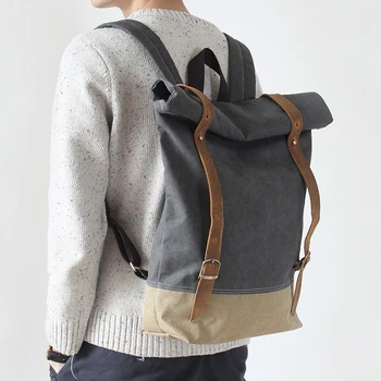 

ROCKCOW Canvas With Leather Travel Backpack Handmade Laptop Backpack Mens School Backpack