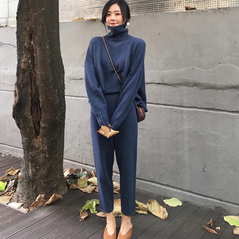 

Casual Sweater Pants Knitted 2 Pieces Set Turtleneck Pullovers & Elastic Waist Pants Women Sweater Sets 2019 Autumn Knitted Set