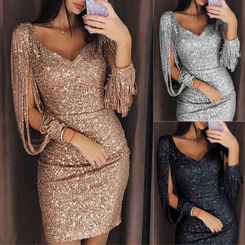 New Women Plus Size 5 Color 2020 tops Dress Sexy V-Neck Solid Sequined Stitching Shining Sheath Long Sleeved Party | Женская одежда