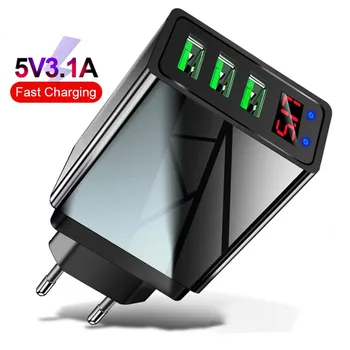 

3 Port USB Phone Charger LED Display EU Plug Total Max 3A Smart Fast Charger Mobile Wall Charger for iPhone iPad Samsung