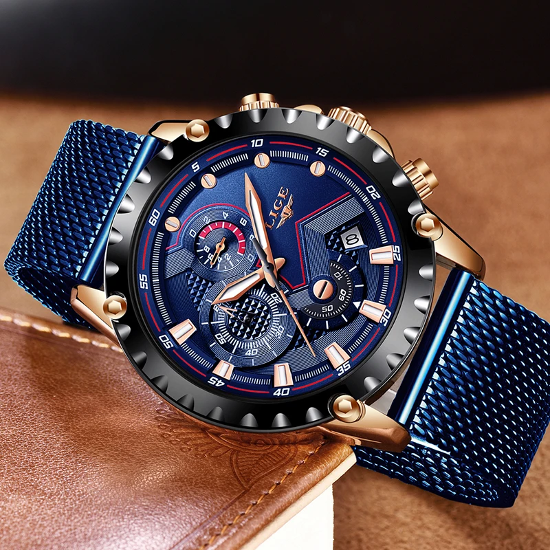 New Lige Blue Casual Mesh Belt Fashion Quartz Gold Watch Mens Watches Top Brand Luxury Waterpr-3