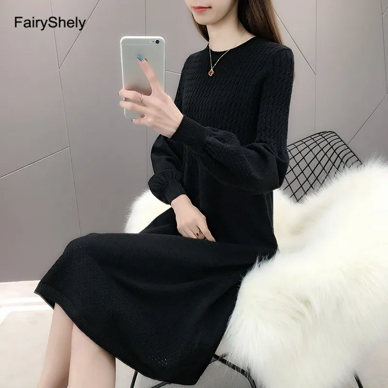 Fairyshely, женское платье-свитер, Осень-зима, с длинным рукавом, теплое платье, элегантное, трапециевидный пояс, вязаный пуловер, платья для женщин - Цвет: Black Dress