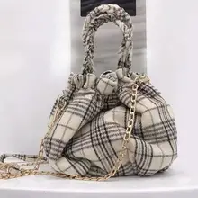 Женская шерстяная сумка-ведро, сумка в клетку, сумочка для пышек, женская модная шерстяная сумка на плечо, Ретро стиль, клетчатые клатчи, сумка на цепочке