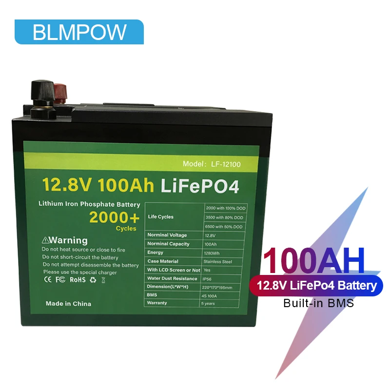 New 2021 12V 100AH Lifepo4 Battery Pack Cell Waterproof Lithium Ion Batteries With Built-in BMS for Inverter, Boat Motor No Tax